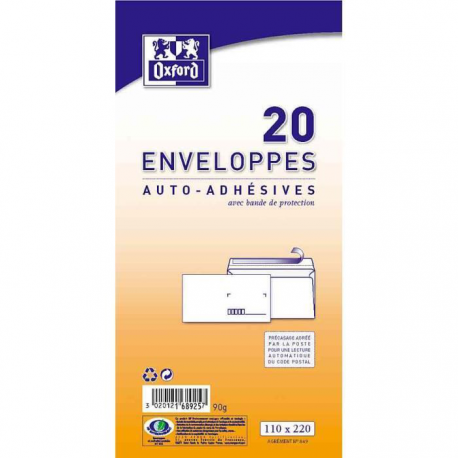 Oxford 20 Enveloppes Auto-Adhésives Pré-Casées 22 Cm X 11 Cm X 0,8 Cm 80Gr