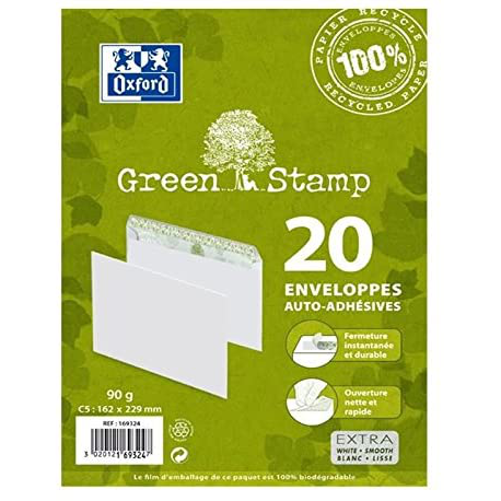 Oxford 20 Enveloppes 100% Recyclé Auto-Adhésives 23,1 Cm X 16,4 Cm X 0,8 Cm 90G