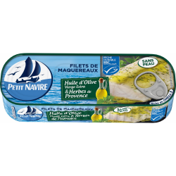 Petit Navire Filets De Maquereaux Msc Sans Peau Huile D'Olive & Herbes De Provence La Boite De 145G