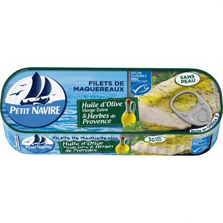 Petit Navire Filets De Maquereaux Msc Sans Peau Huile D'Olive & Herbes De Provence La Boite De 145G