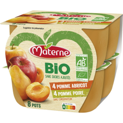 Materne Compotes Pomme Poire, Pomme Abricot Sans Sucres Ajoutés Bio Les 8 Pots De 100G