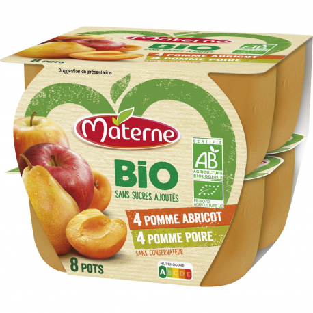 Materne Compotes Pomme Poire, Pomme Abricot Sans Sucres Ajoutés Bio Les 8 Pots De 100G
