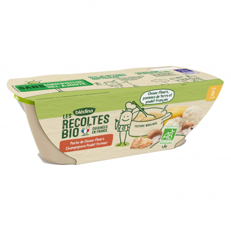 Blédina Les Récoltes Bio Purée Choux-Fleurs Champignons Poulet Fermier Dès 8 Mois Pack De 200 G X 2 - 400 G