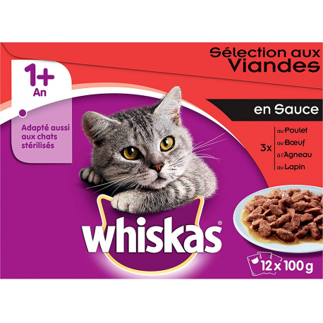 Whiskas Repas En Sauce 1 + Sélection Aux Viandes Pour Chat 12X100G