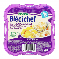Blédina Blédichef Plat Bébé Dès 15 Mois Écrasé De Pommes De Terre Et Choux-Fleurs, Crème Façon Béchamel La Barquette De 250G