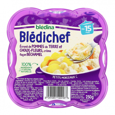 Blédina Blédichef Plat Bébé Dès 15 Mois Écrasé De Pommes De Terre Et Choux-Fleurs, Crème Façon Béchamel La Barquette De 250G