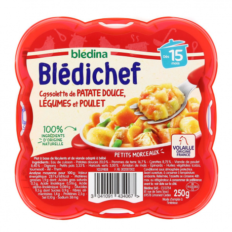 Blédina Blédichef Plat Bébé Dès 15 Mois Cassolette De Patate Douce, Légumes Et Poulet La Barquette De 250G