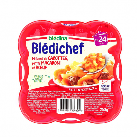 Blédina Blédichef Plat Bébé Dès 24 Mois Mitonné De Carottes, Petits Macaroni & Bœuf La Barquette De 250G