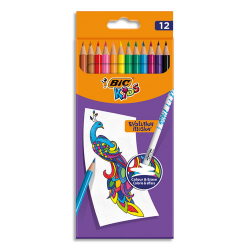 Bic Pochette De 12 Crayons De Couleur Kids Evolution Illusion Corps Rond Assortis, Effaçable Bout Gomme