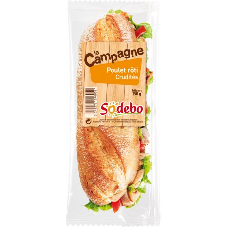 150G Sandwich Baguette Campagne Poulet/Crudites Sodebo.