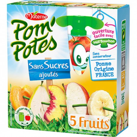 Pack 4X90G Pom Potes Sans Sucre Ajoute 5 Fruits Jaunes Materne