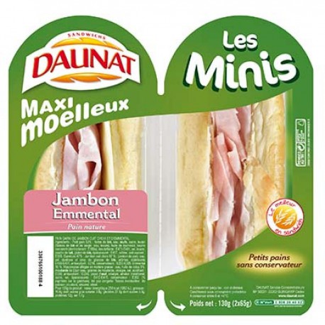 Daunat Sandwich Les Minis Jambon Emmentale 2X70G
