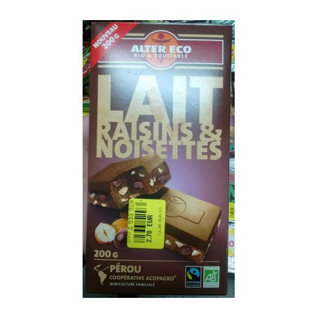 200G Choco Lait Raisin/Noisette Alter Eco