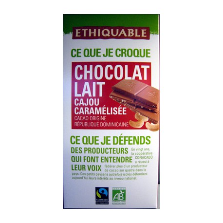 Ethiquable Chocolat Lait Noix Cajou Tablette 100G
