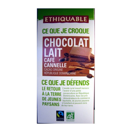Ethiquable Chocolat Lait Eclat Cafe Cannelle 100G